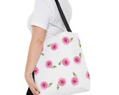 Pink Dahlia Botanical Watercolor Tote Bag, Floral Canvas Carryall, framing detail (Bill Shew)