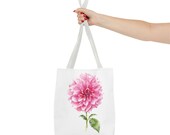 Pink Dahlia Botanical Watercolor Tote Bag, Floral Canvas Carryall Bag, detail view (Bill Shew)