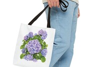 Purple Hydrangea Watercolor Tote Bag | Botanical Floral Carryall (100% Polyester), in-room view (Bill Shew)