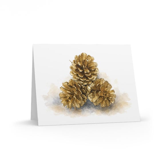 Golden Pinecone Christmas Greeting Card, Watercolor Holiday Card, Gold Pinecone Art by Bill Shew