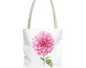 Pink Dahlia Botanical Watercolor Tote Bag, Floral Canvas Carryall Bag by Bill Shew