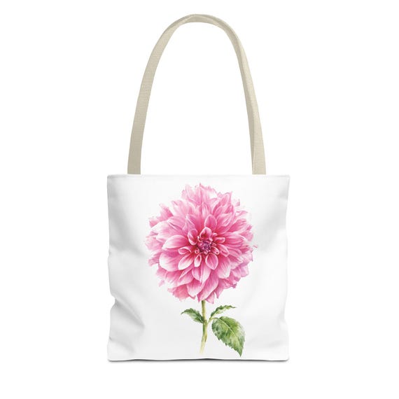 Pink Dahlia Botanical Watercolor Tote Bag, Floral Canvas Carryall Bag by Bill Shew