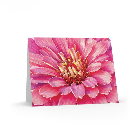 Pink Zinnia Watercolor Greeting Card, Botanical Flower Illustration Pink Zinnia Watercolor Greeting Card, Botanical Flower Illustration by Bill Shew