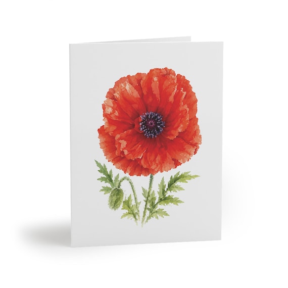 8 cards - Red Poppy Watercolor Botanical Card, Wildflower Floral Note (4.25" x 5.5") by Bill Shew
