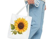Sunflower Botanical Watercolor Tote Bag, Yellow Floral Canvas Carryall Bag, framing detail (Bill Shew)