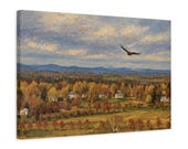 New England Autumn Valley Canvas Print, Hawk Soaring, Textured Landscape Wall Art, detail view (Bill Shew)