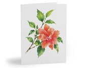 8 cards - Coral Hibiscus Watercolor Card, Tropical Botanical Floral Illustration by Bill Shew
