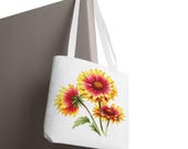 Blanket Flower Botanical Watercolor Tote Bag, Red & Yellow Floral Canvas Carryall, detail view (Bill Shew)