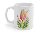 Watercolor Tulip Coffee Mug, Pink Floral Ceramic Cup, Botanical Spring Mug, detail view (Bill Shew)