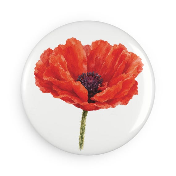 Red Poppy Flower Button, Watercolor Poppy Pinback Button, Bill Shew magnet