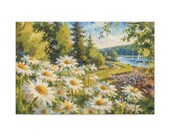 Daisy Field Lakeside Sailboats Canvas Print, Textured Landscape Wall Art by Bill Shew