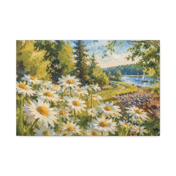 Daisy Field Lakeside Sailboats Canvas Print, Textured Landscape Wall Art by Bill Shew