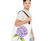 Purple Hydrangea Watercolor Tote Bag, Botanical Floral Shoulder Bag, close-up (Bill Shew)