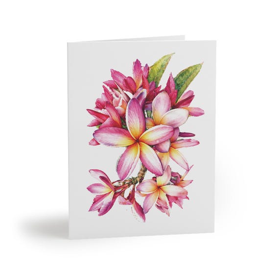 8 cards - Pink Plumeria Frangipani Watercolor Greeting Card by Bill Shew