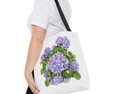 Purple Hydrangea Watercolor Tote Bag | Botanical Floral Carryall (100% Polyester), framing detail (Bill Shew)