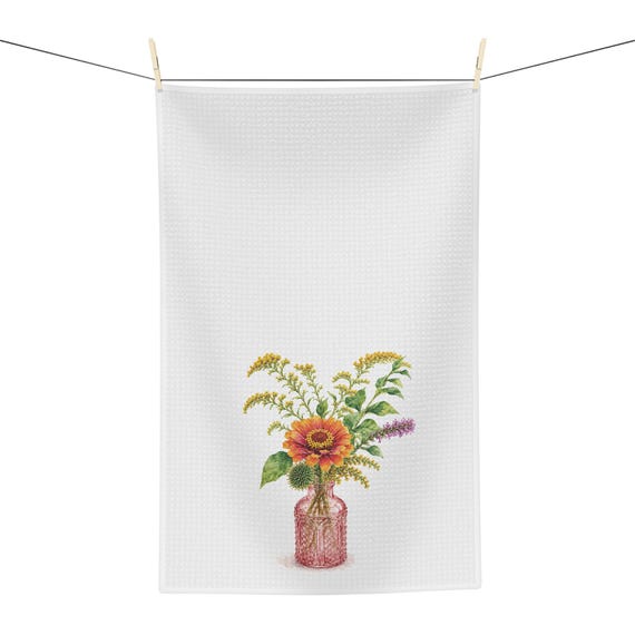 Zinnia Botanical Watercolor Tea Towel | Floral Kitchen Towel | Cottage Garden Dish Towel by Bill Shew
