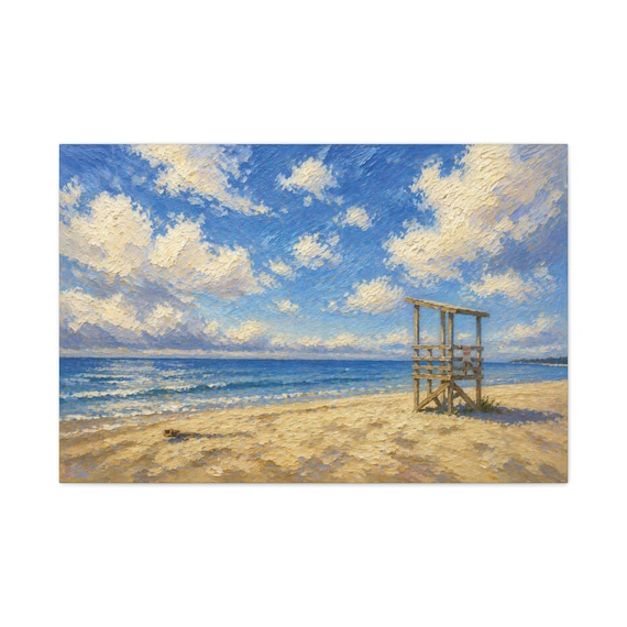 Empty Beach Canvas Print, Wooden Lifeguard Stand Digital Art Print, Coastal Wall Art, Canvas Wall Decor, Bill Shew wall art print