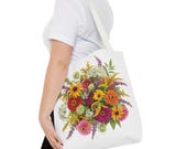 Wildflower Bouquet Tote Bag | Colorful Floral Shoulder Bag (100% Polyester), close-up (Bill Shew)