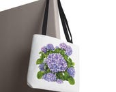 Purple Hydrangea Watercolor Tote Bag | Botanical Floral Carryall (100% Polyester), framing detail (Bill Shew)