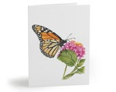 Watercolor Monarch Butterfly & Lantana Greeting Card, Botanical Garden Art by Bill Shew