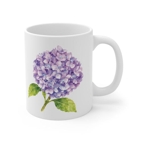 Hydrangea Mug, Purple Hydrangea Coffee Mug, Watercolor Flower Mug, Botanical Ceramic Mug by Bill Shew