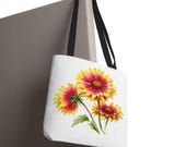 Blanket Flower Botanical Watercolor Tote Bag, Red & Yellow Floral Canvas Carryall, framing detail (Bill Shew)