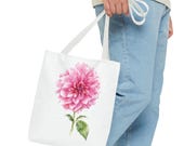 Pink Dahlia Botanical Watercolor Tote Bag, Floral Canvas Carryall Bag, framing detail (Bill Shew)