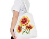 Blanket Flower Botanical Watercolor Tote Bag, Red & Yellow Floral Canvas Carryall, close-up (Bill Shew)