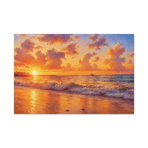 Ocean Sunset Canvas Print, Golden Breaking Wave Digital Art Print, Tropical Wall Art, Canvas Wall Decor, Bill Shew wall art print