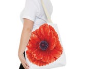 Red Poppy Watercolor Tote Bag, Botanical Floral Canvas Bag, Poppy Flower Tote, in-room view (Bill Shew)