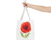 Red Poppy Botanical Watercolor Tote Bag, Floral Canvas Carryall Bag, detail view (Bill Shew)