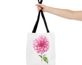 Pink Dahlia Botanical Watercolor Tote Bag, Floral Canvas Carryall Bag, close-up (Bill Shew)