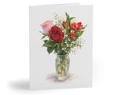Watercolor Flower Bouquet Greeting Card, Red Rose Floral Card, Botanical Note Card by Bill Shew