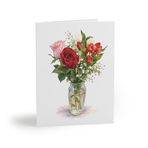 Watercolor Flower Bouquet Greeting Card, Red Rose Floral Card, Botanical Note Card by Bill Shew