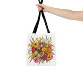Wildflower Bouquet Tote Bag | Colorful Floral Shoulder Bag (100% Polyester), close-up (Bill Shew)