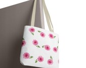 Pink Dahlia Botanical Watercolor Tote Bag, Floral Canvas Carryall, alternate view (Bill Shew)