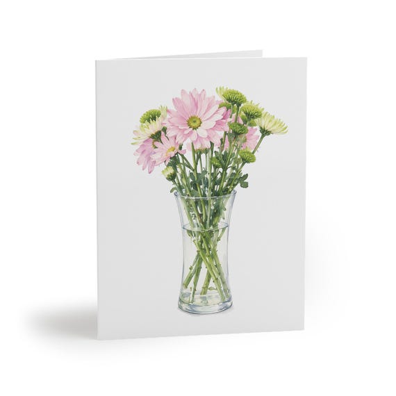 8 cards - Pink Chrysanthemum Watercolor Floral Greeting Card, Botanical Bouquet Note Card by Bill Shew