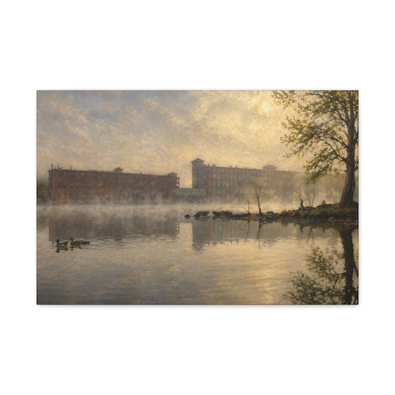 Historic Mill Foggy Pond Reflection Canvas Print, Atmospheric Landscape Wall Art by Bill Shew