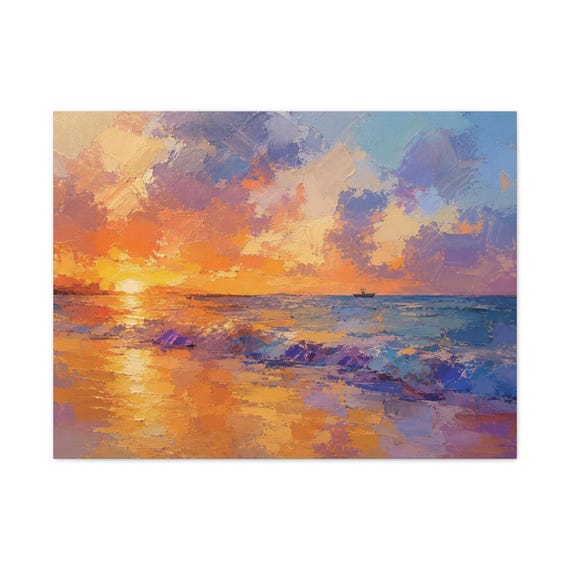 Purple Wave Sunset Canvas Print, Fishing Boat Digital Art Print, Tropical Wall Art, Canvas Wall Decor, Bill Shew wall art print