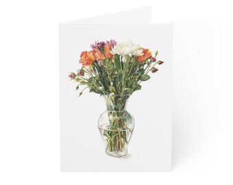 Wenskaart met botanisch boeket, kaart met aquarelbloemen, blanco notitiekaart met gemengde bloemen, botanische illustratie, briefpapier met tuinbloemen