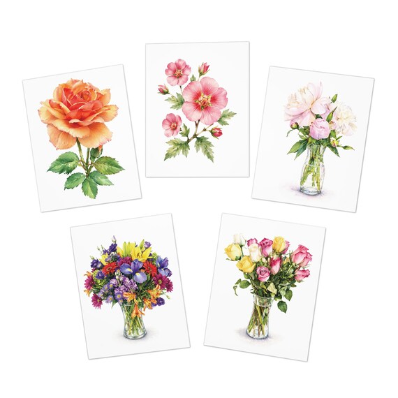 Watercolor Floral Note Cards, Assorted Rose Bouquet Art Prints (Digital Art Print), Bill Shew note card set