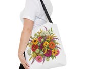 Wildflower Bouquet Tote Bag | Colorful Floral Shoulder Bag (100% Polyester), framing detail (Bill Shew)
