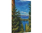 Mountain Lake Pine Trees Canvas Print, Blue Forest Nature Wall Art, detail view (Bill Shew)