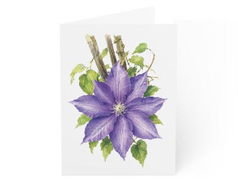 Purple Clematis Greeting Card, Digital Art Print, Botanical Card, Blank Inside