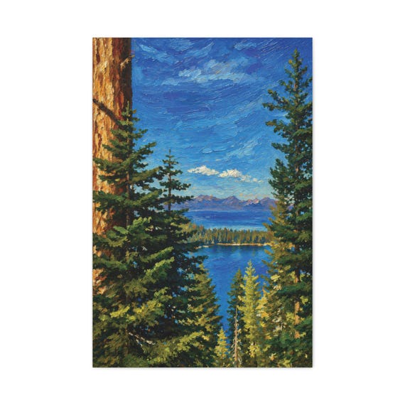 Mountain Lake Canvas Print, Blue Pine Tree View Digital Art Print, Nature Wall Art, Canvas Wall Decor, Bill Shew wall art print