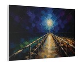 Night Pier Canvas Print, Glowing Indigo Lamplight Digital Art Print, Coastal Wall Art, Canvas Wall Decor., detail view (Bill Shew)