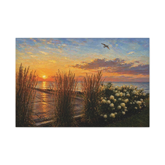 Lakeside Sunset Canvas Print, Golden Grass and Gull Digital Art Print, Water Wall Art, Canvas Wall Decor, Bill Shew wall art print