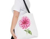 Pink Dahlia Botanical Watercolor Tote Bag, Floral Canvas Carryall Bag, framing detail (Bill Shew)