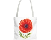 Red Poppy Botanical Watercolor Tote Bag, Floral Canvas Carryall Bag, alternate view (Bill Shew)