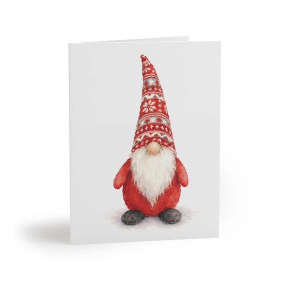 Christmas Gnome Greeting Card, Watercolor Holiday Card, Red Gnome Christmas Card by Bill Shew